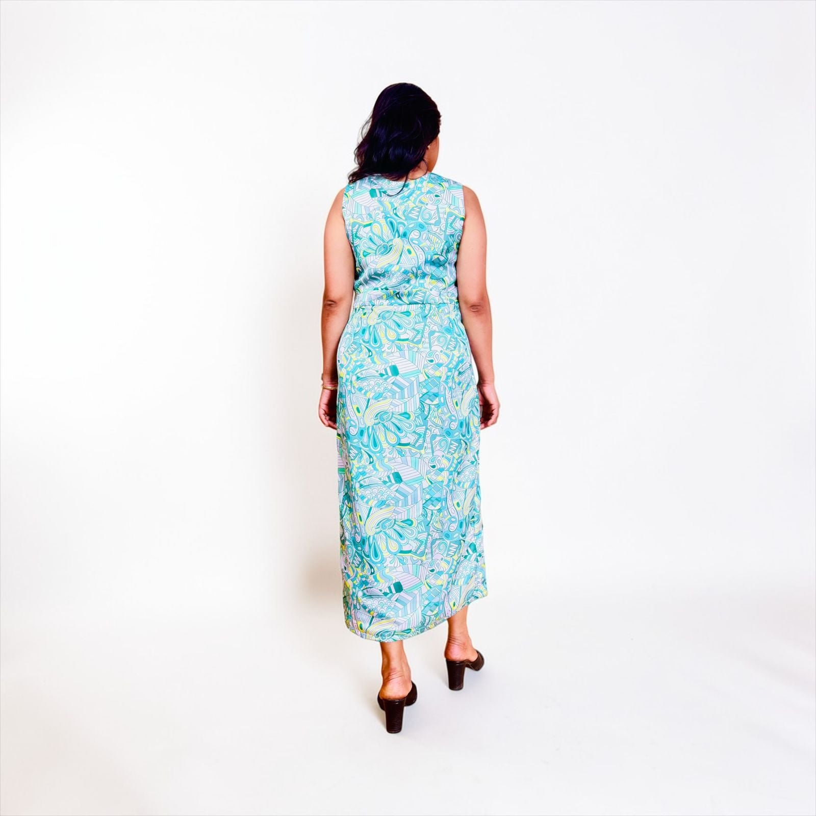 Mint Teal Abstract Doodle Print Front Slit Midi Dress