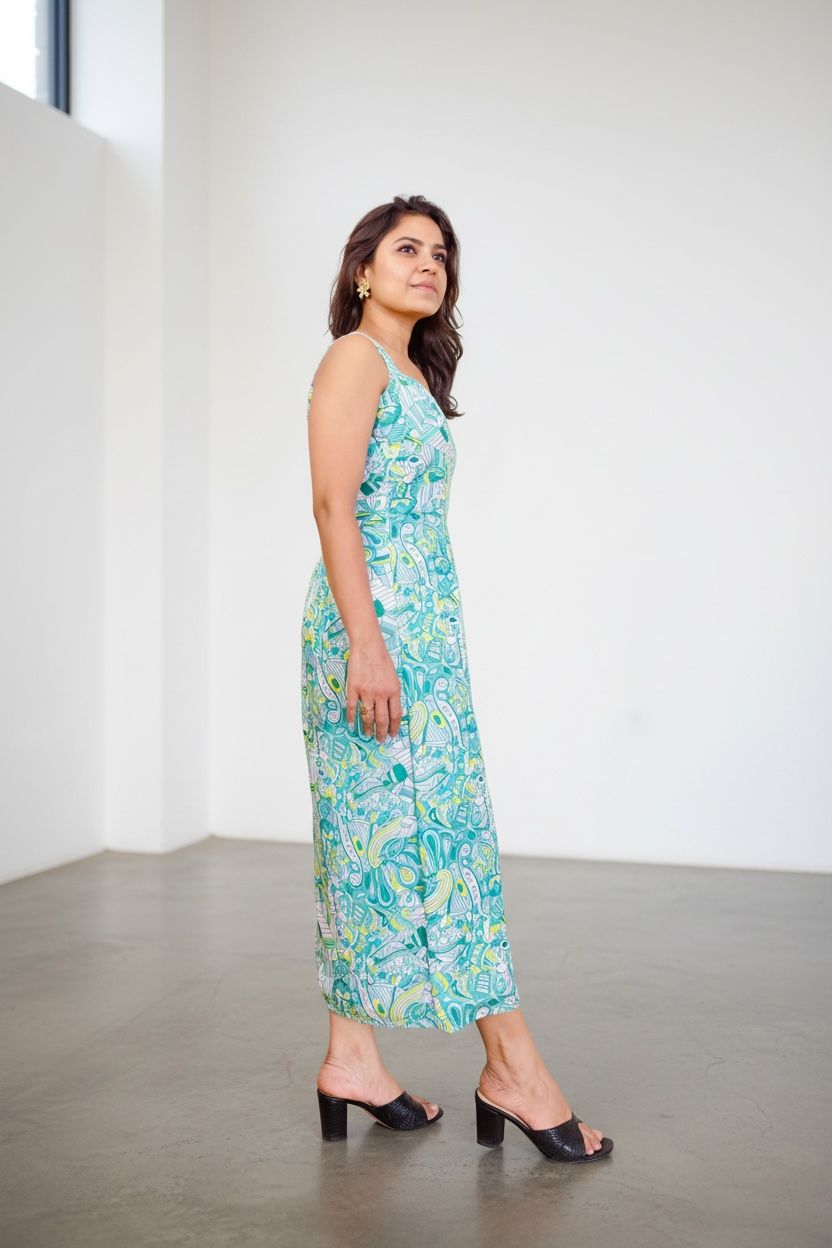 Mint Teal Abstract Doodle Print Front Slit Midi Dress