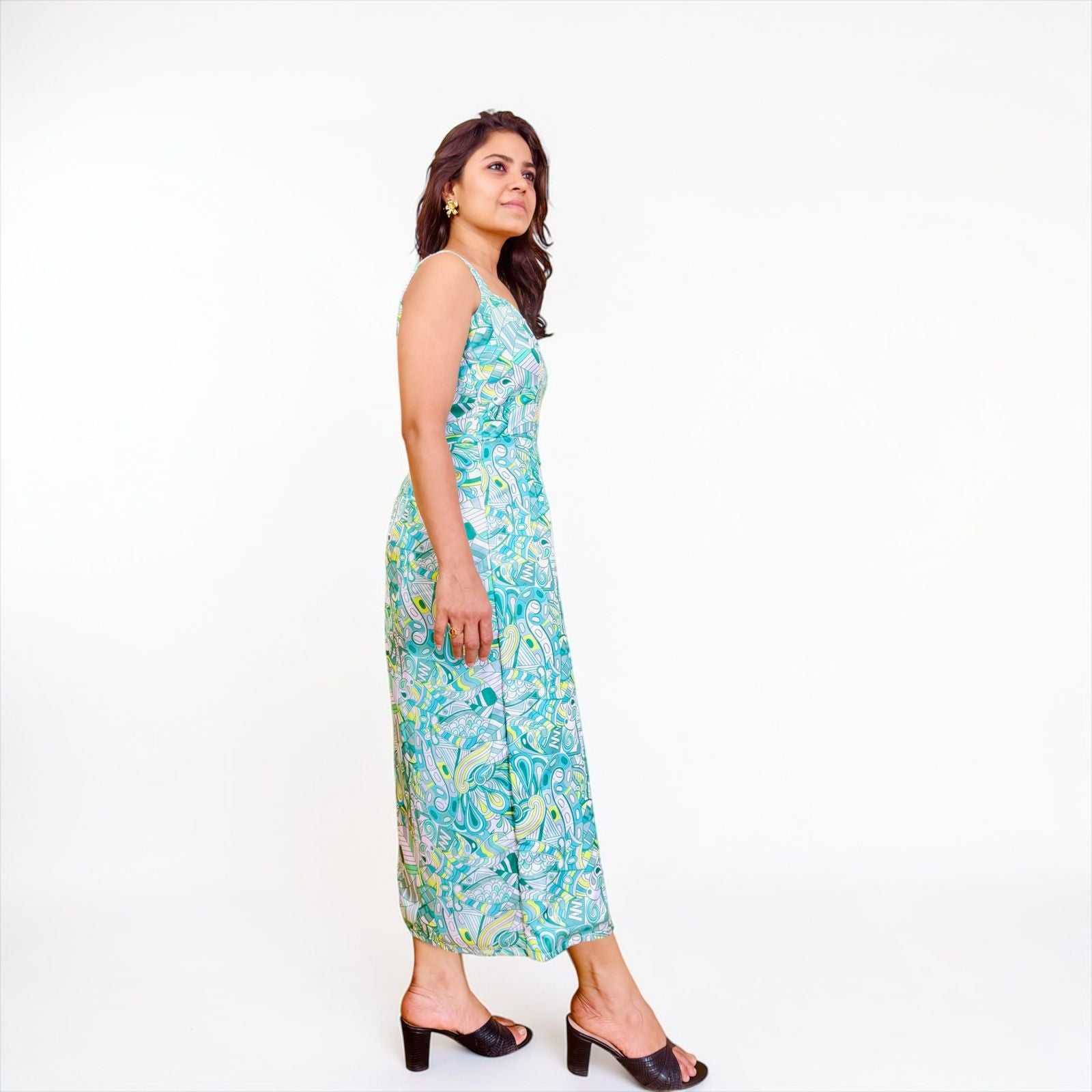Mint Teal Abstract Doodle Print Front Slit Midi Dress
