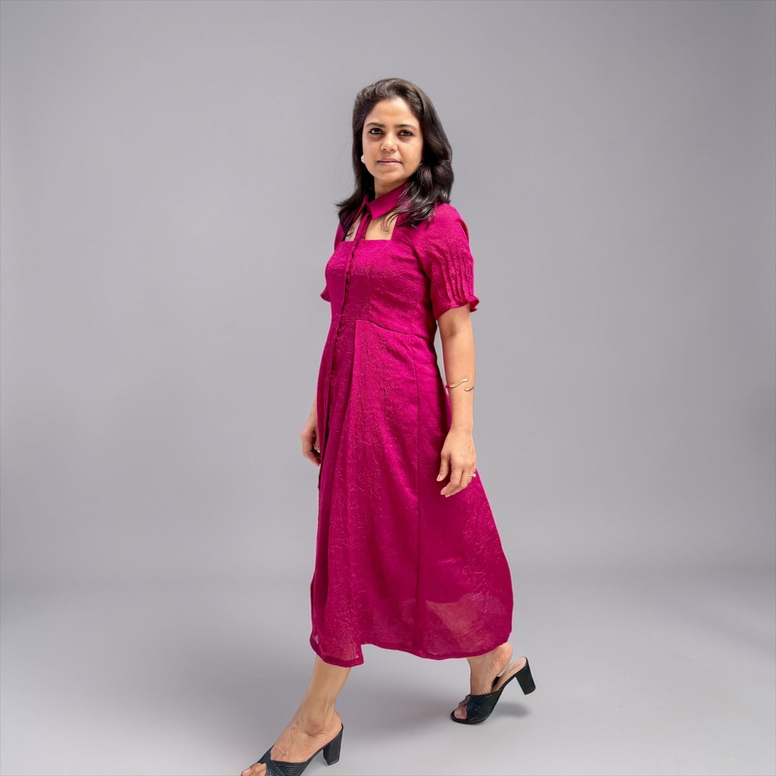 Jacquard Cut-Out Collar Midi Dress in Fuchsia