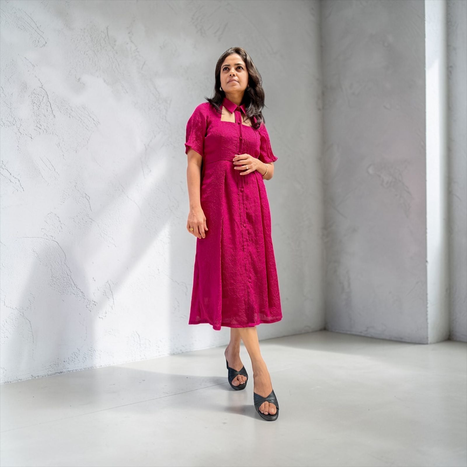 Jacquard Cut-Out Collar Midi Dress in Fuchsia