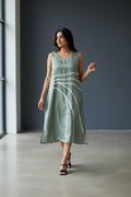 Curved Line Appliqué Satin Midi Dress in Sage Green