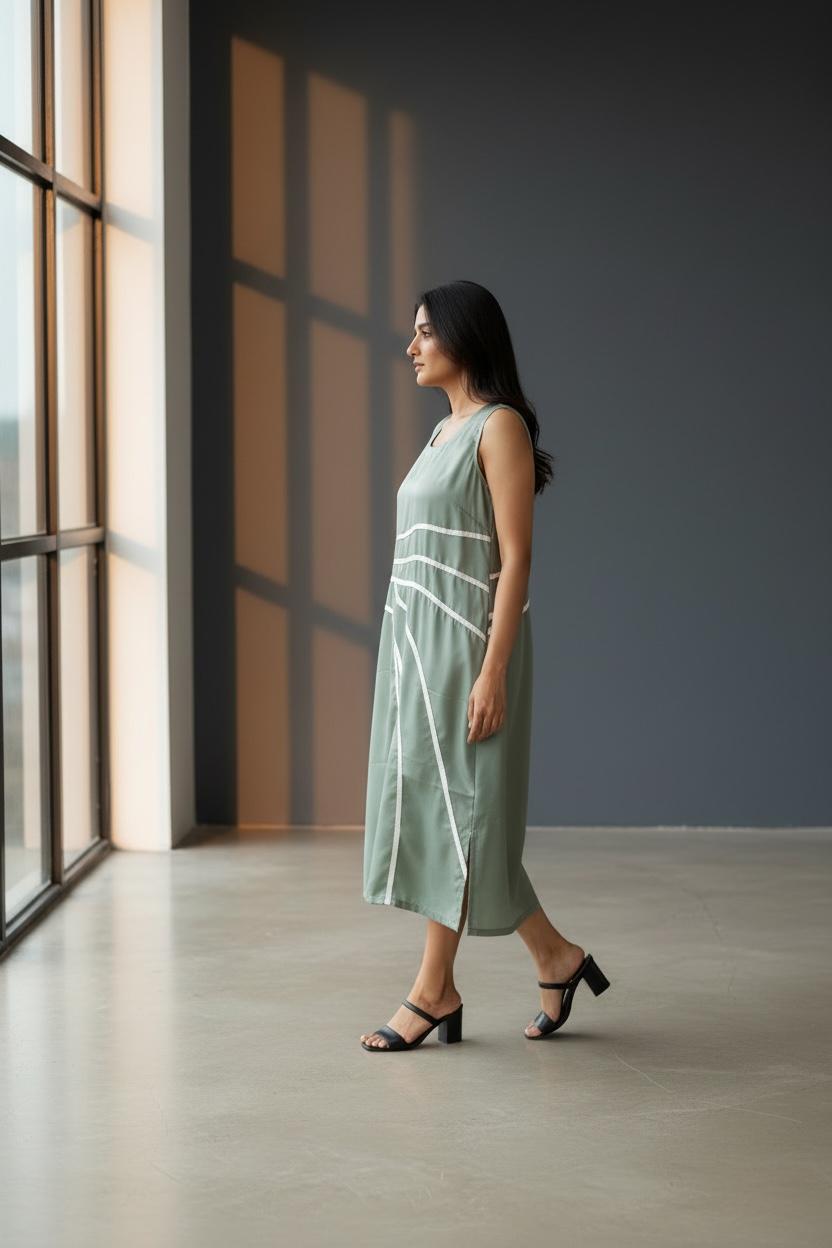 Curved Line Appliqué Satin Midi Dress in Sage Green