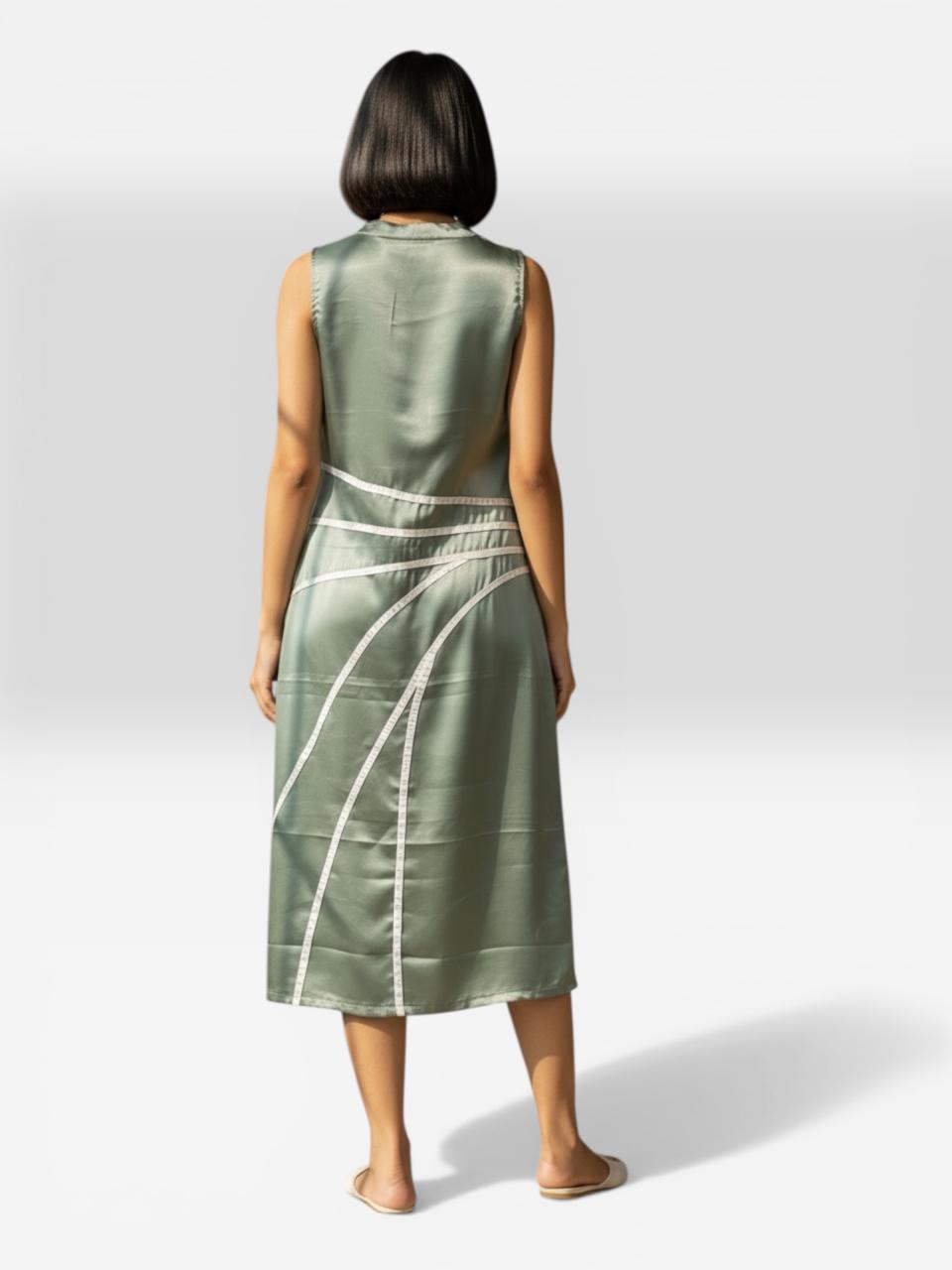 Curved Line Appliqué Satin Midi Dress in Sage Green