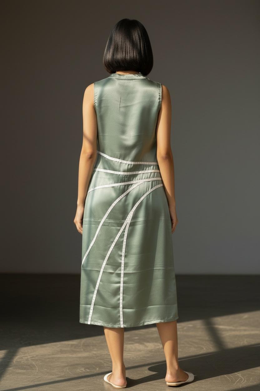 Curved Line Appliqué Satin Midi Dress in Sage Green