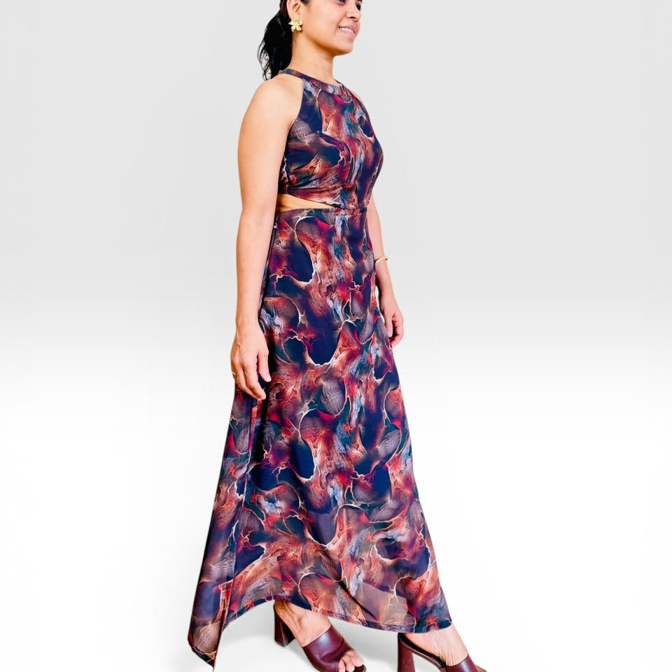 Abstract Marble Print Cut-Out Maxi Dress