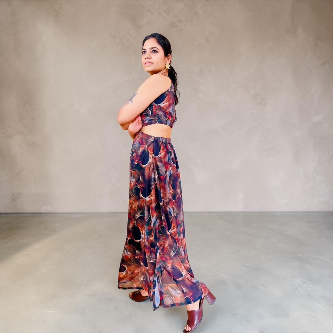 Abstract Marble Print Cut-Out Maxi Dress