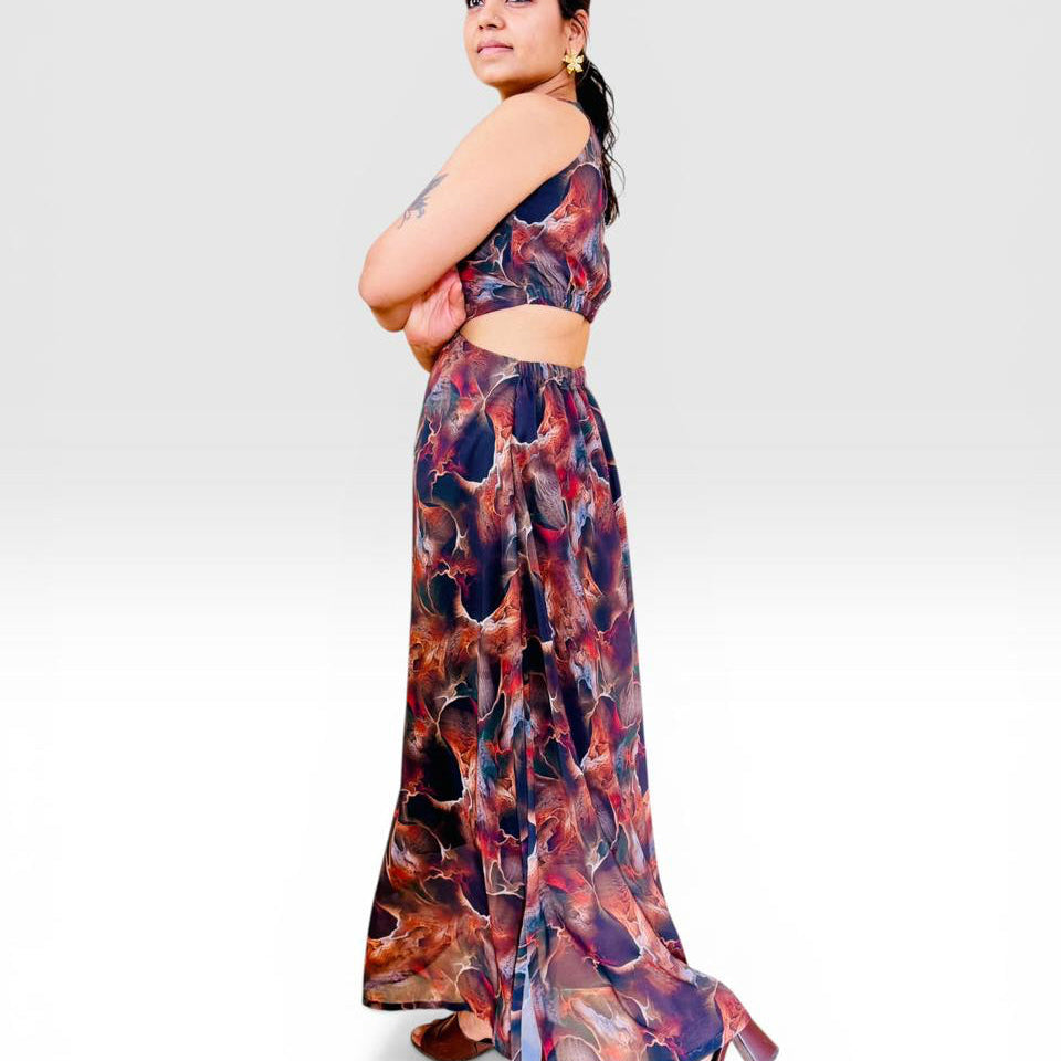 Abstract Marble Print Cut-Out Maxi Dress