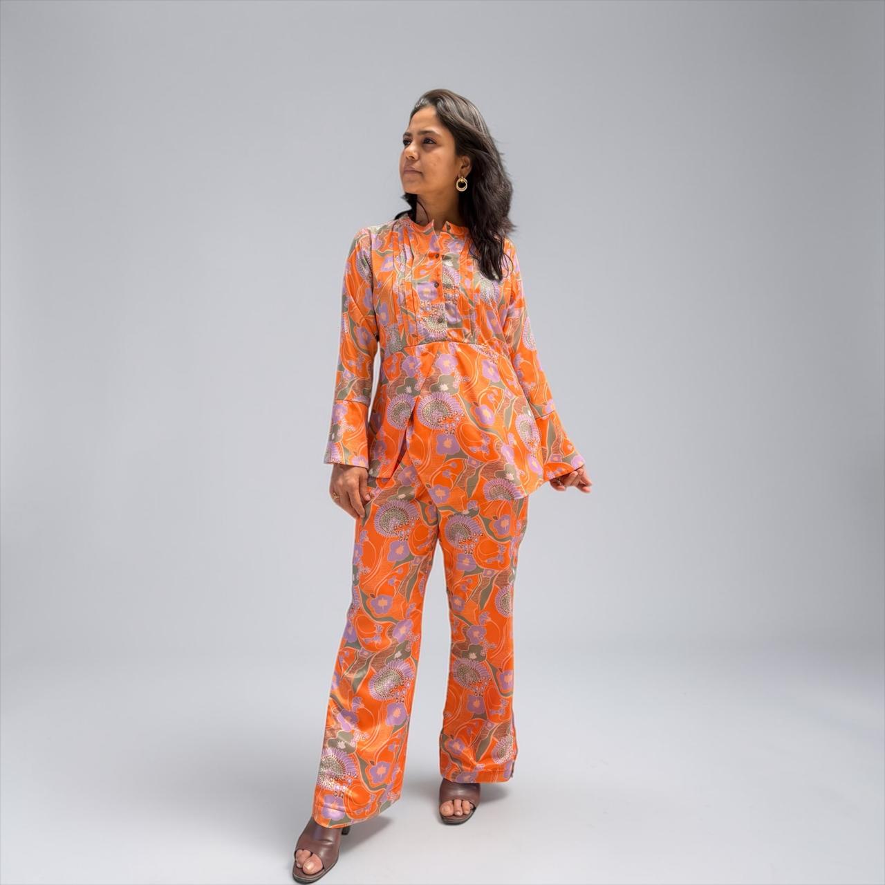 Retro Floral Pintuck Bell-Sleeve Co-ord Set