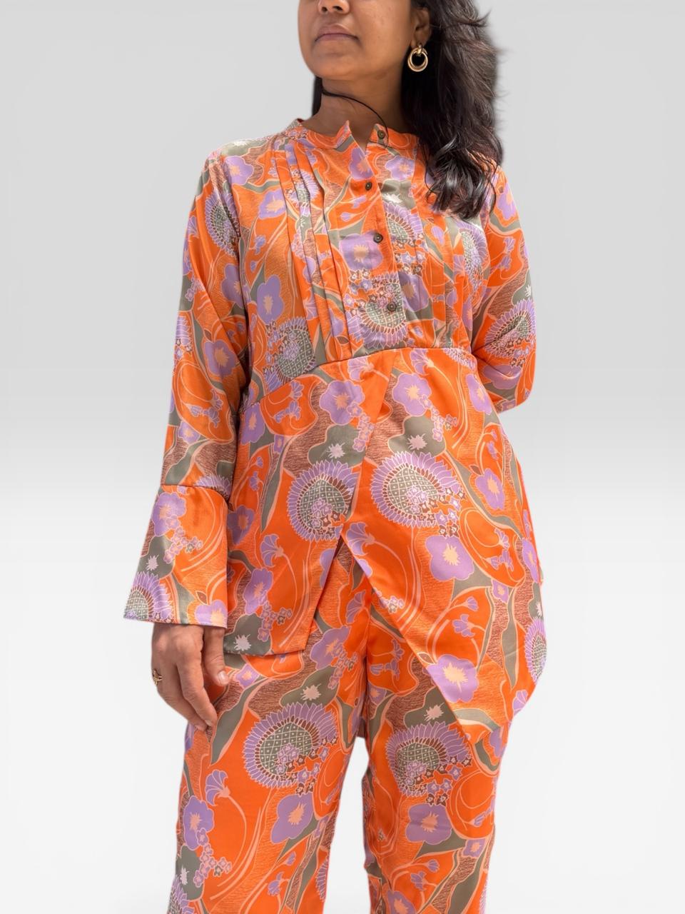 Retro Floral Pintuck Bell-Sleeve Co-ord Set