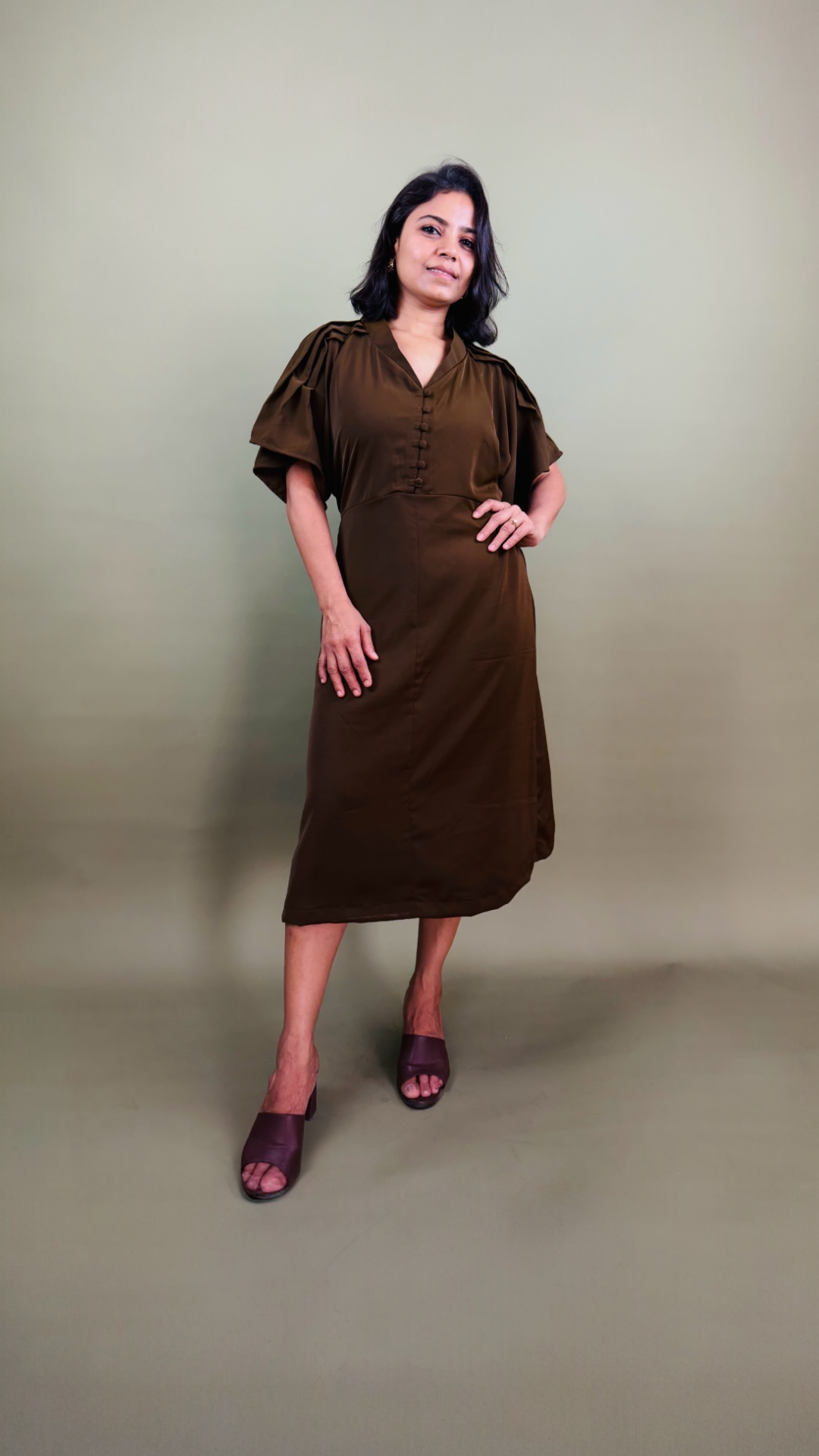 Brown Flutter Sleeve Midi Dress