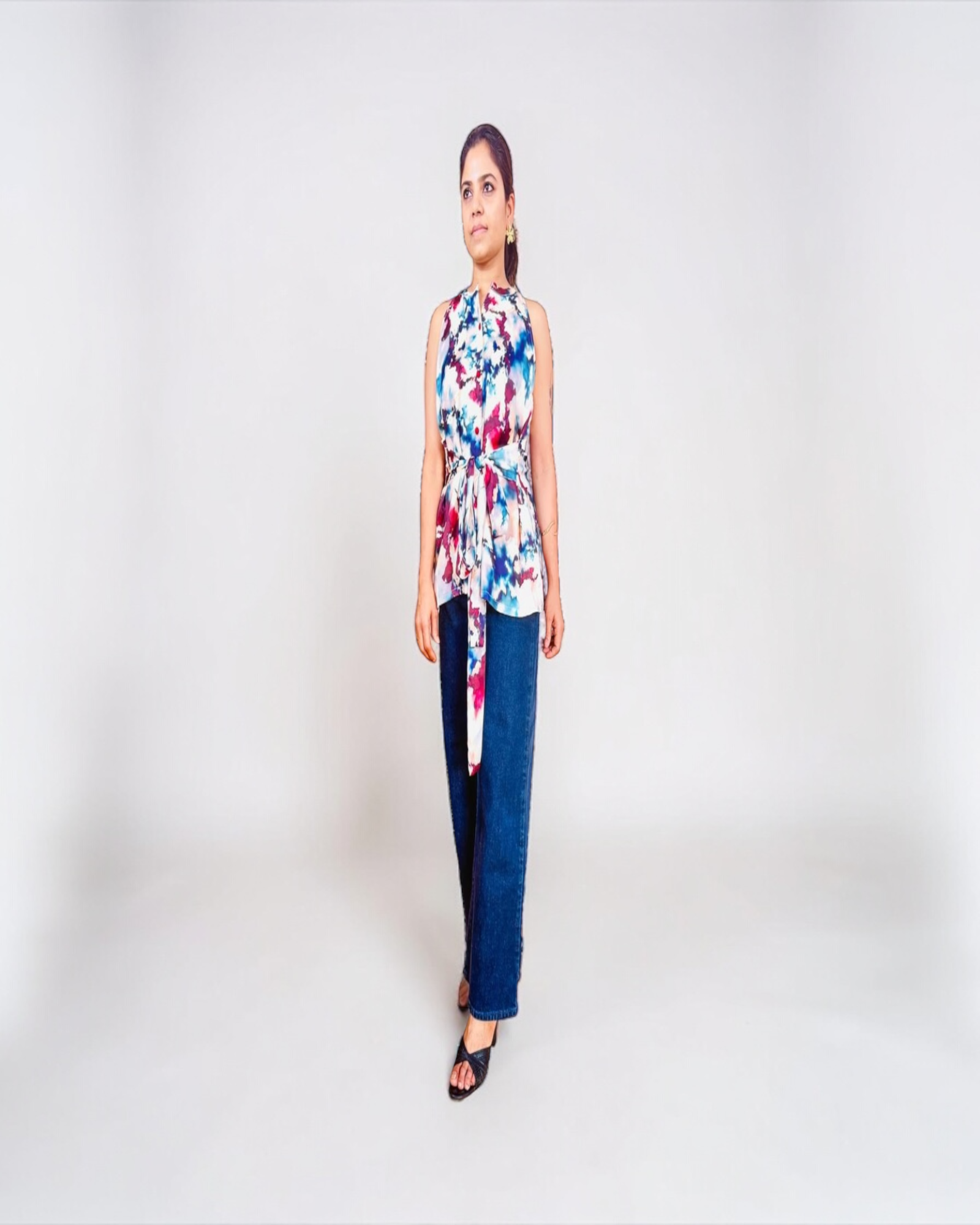 White Watercolour Abstract Print Tie-Waist Sleeveless Top