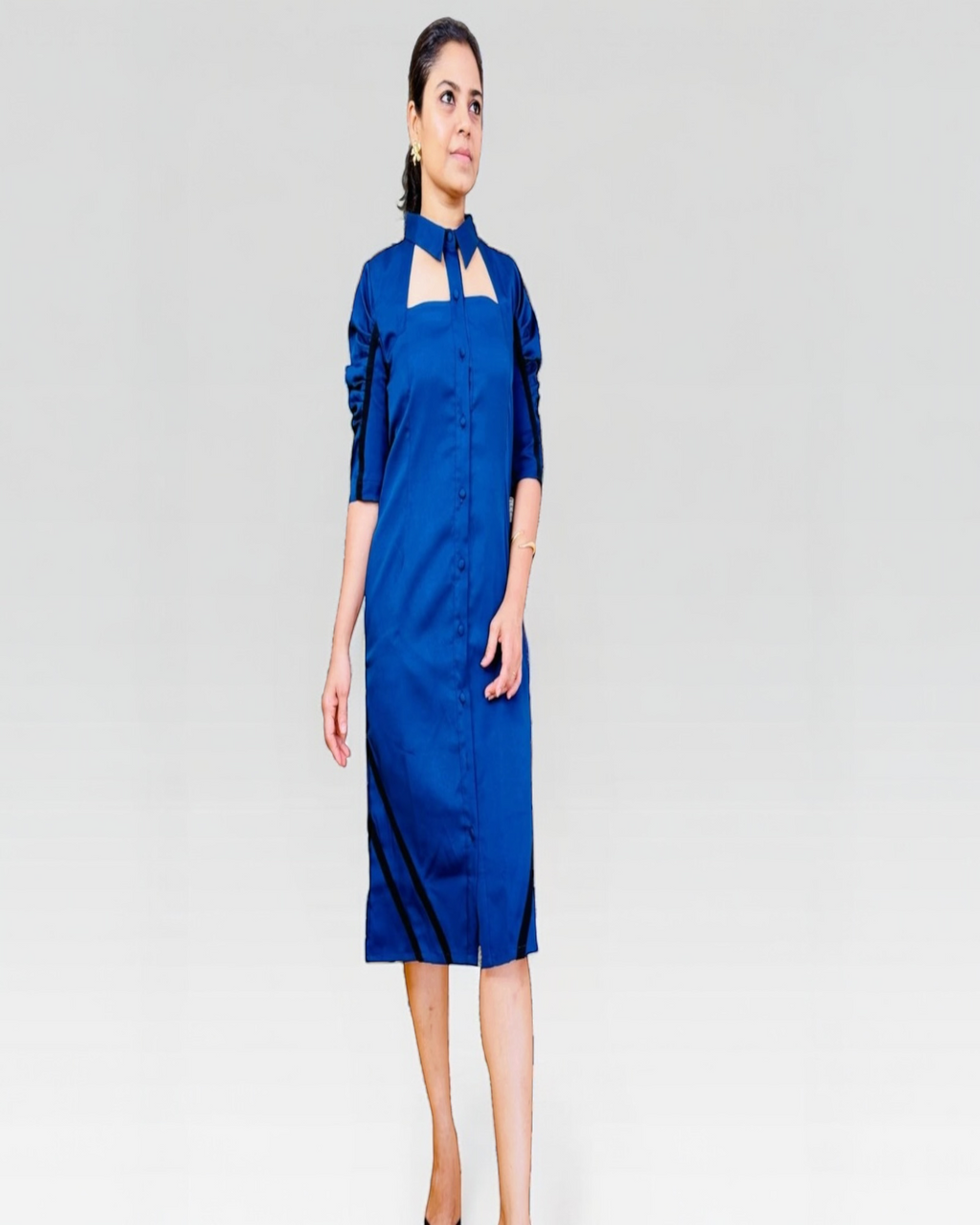 Royal Blue Cutout Collar Ruched Sleeve Button-Down Midi Dress