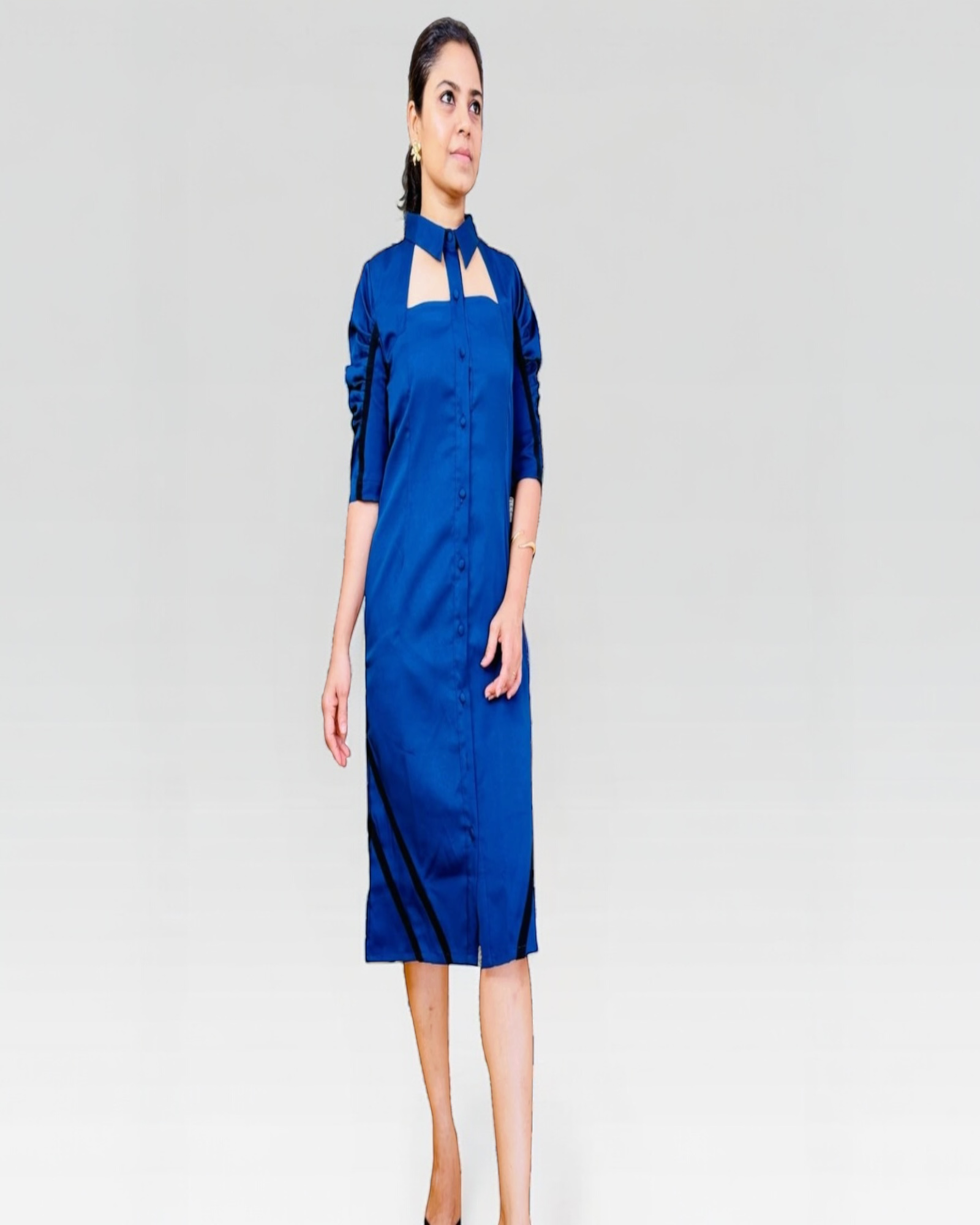 Royal Blue Cutout Collar Ruched Sleeve Button-Down Midi Dress