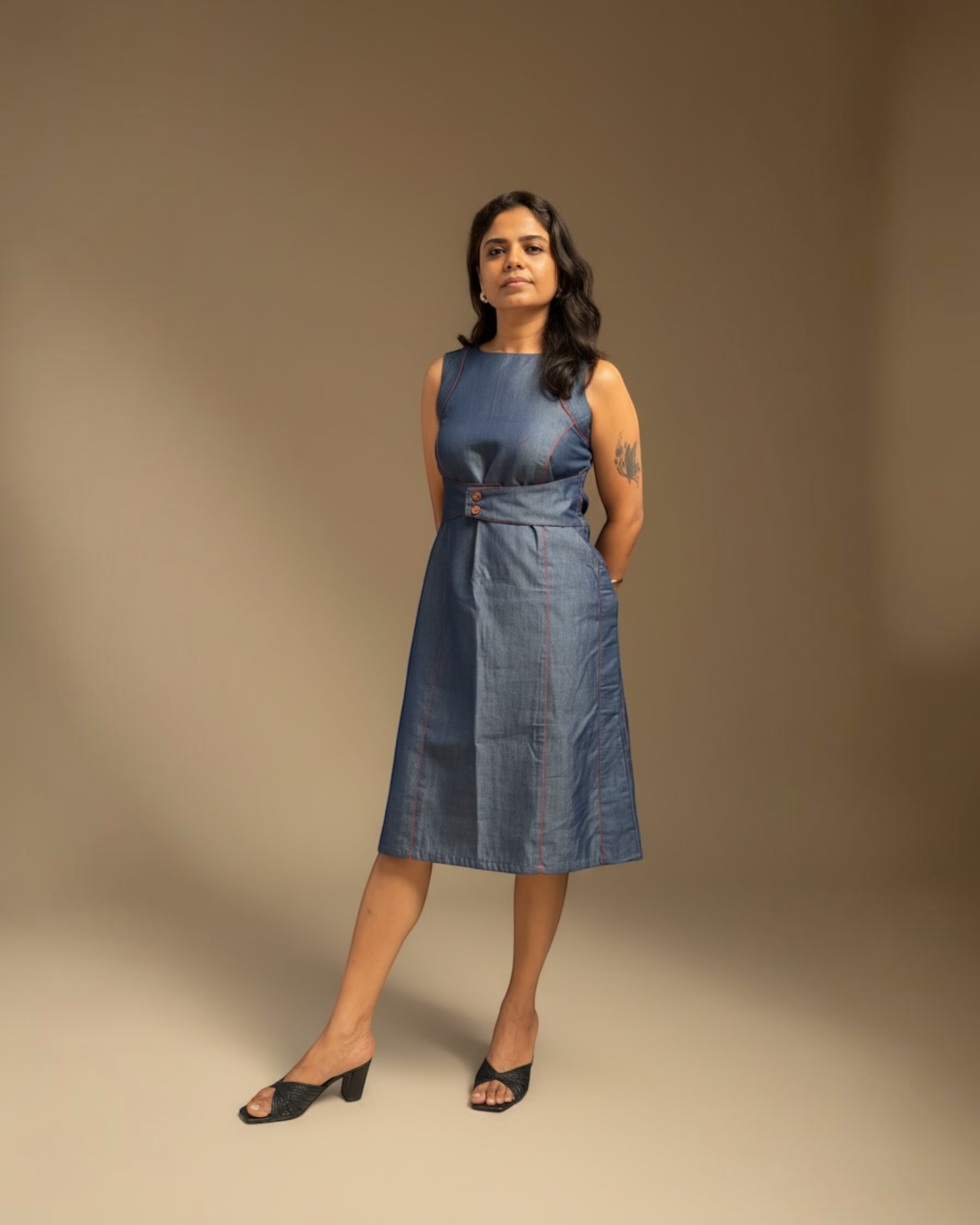 Steel Blue Contrast Stitch Midi Dress