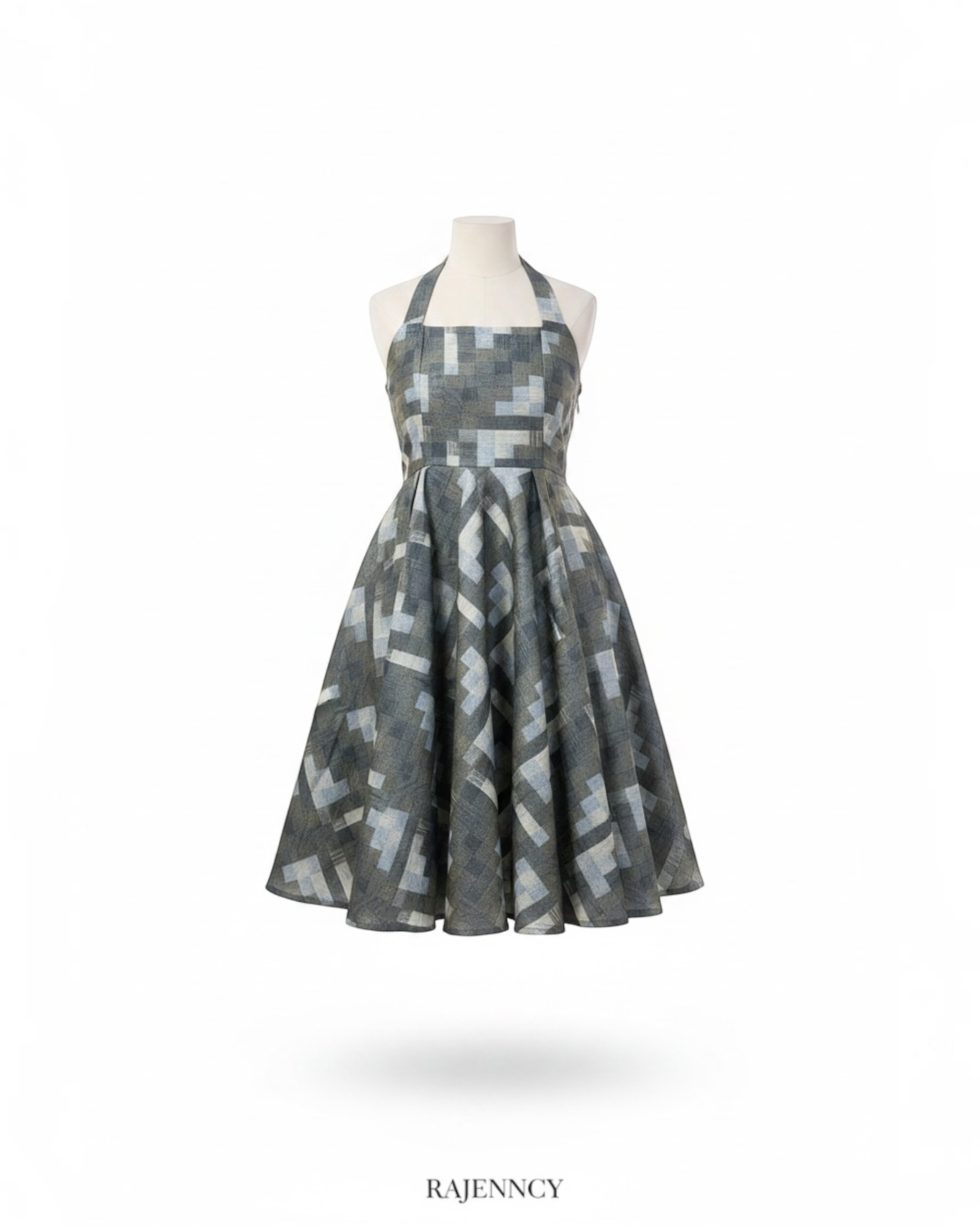 Olive Geometric Print Halter Dress