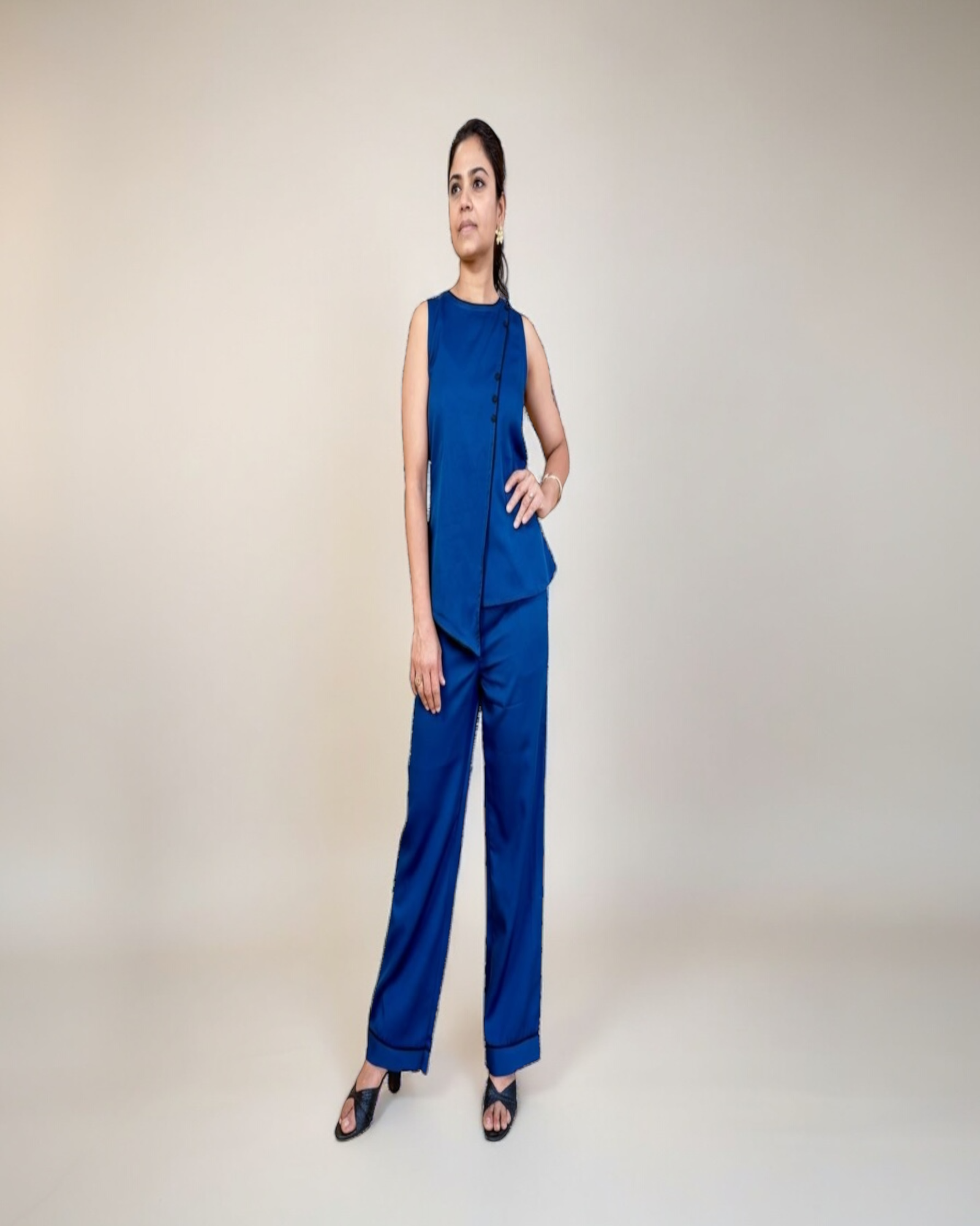 Cobalt Blue Asymmetric Wrap Top & Wide-Leg Trouser Co-ord Set