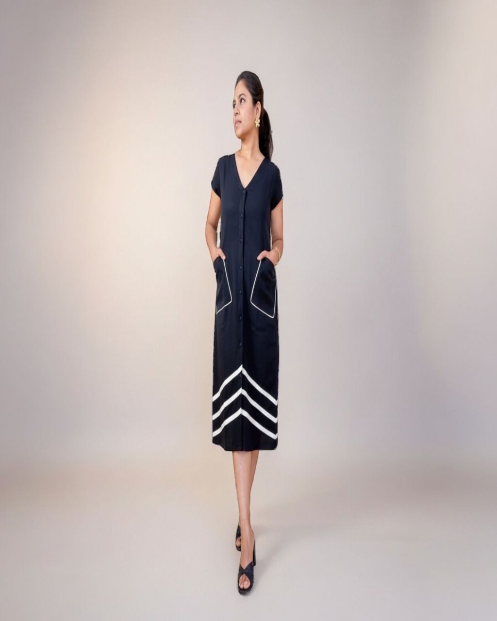 Navy Chevron Stripe Button-Down Midi Dress