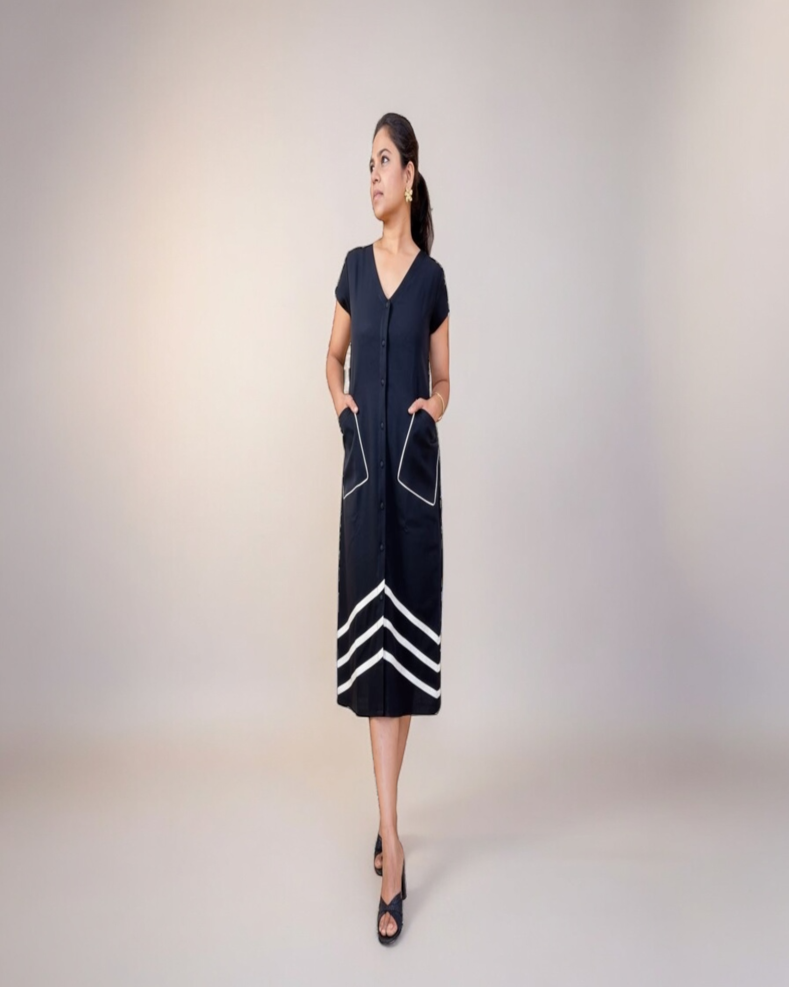 Navy Chevron Stripe Button-Down Midi Dress