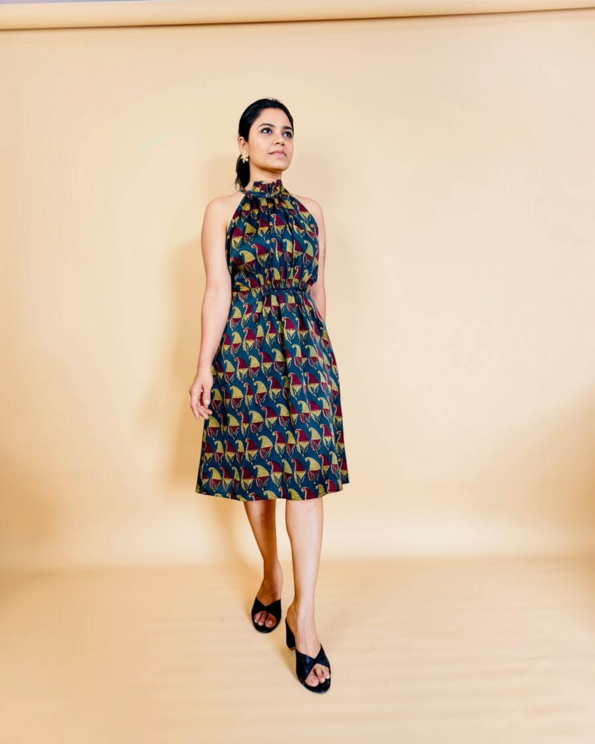 Tribal Bird Print Halter Neck Dress