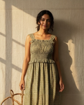 Olive Floral Smocked Midi Dress