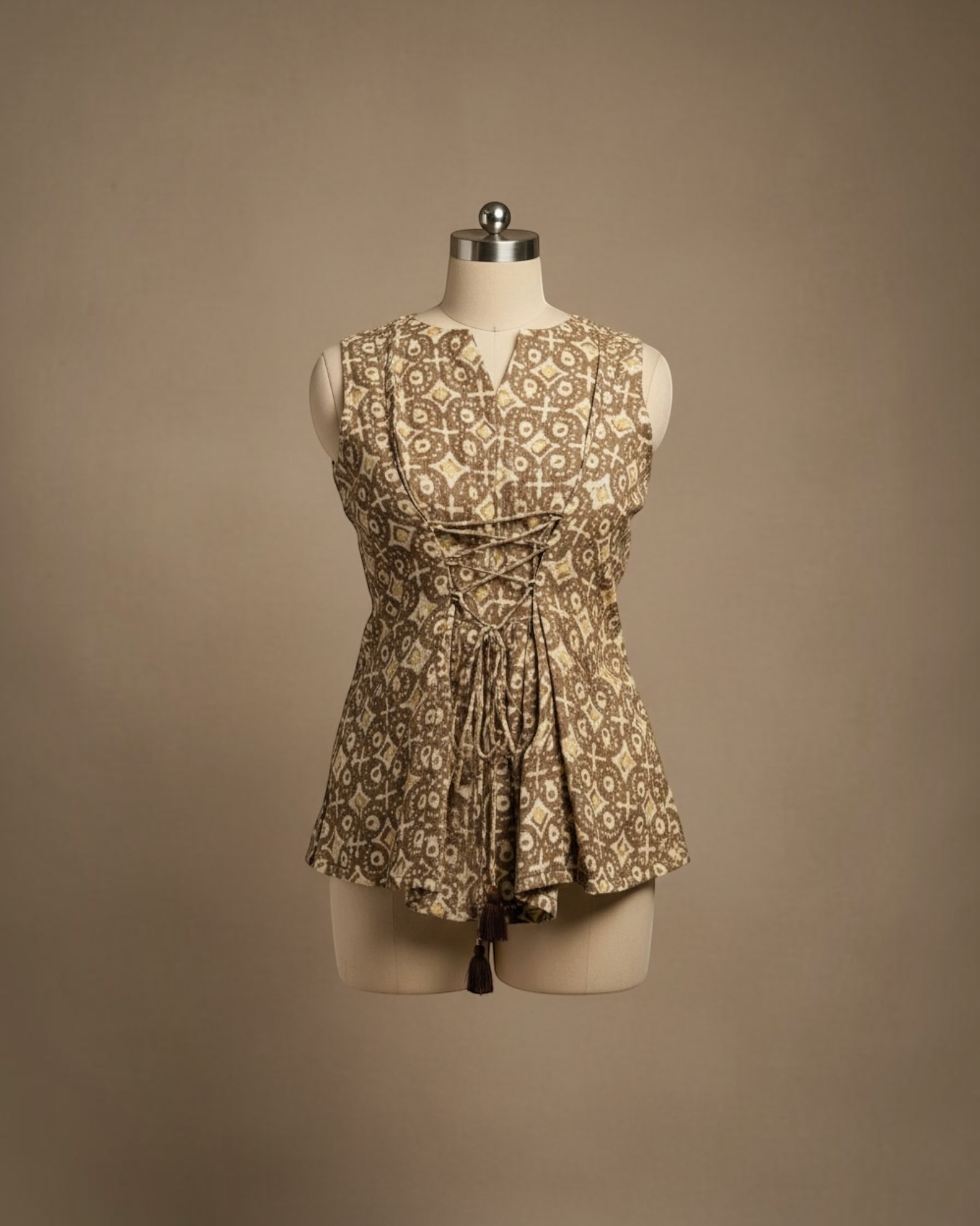 Gold Geometric Print Corset-Tie Peplum Top