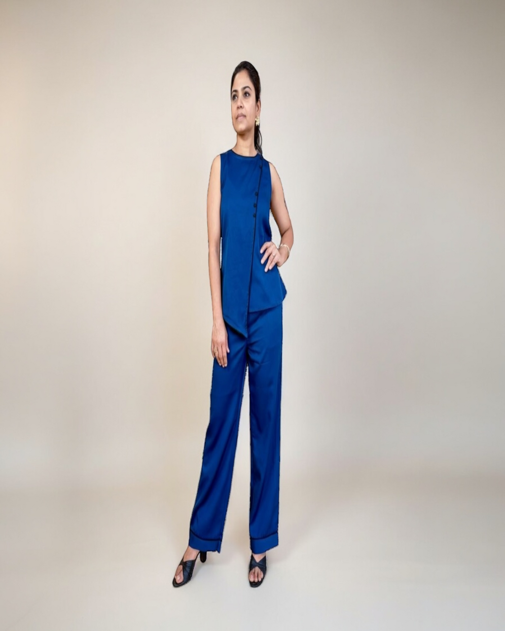 Cobalt Blue Asymmetric Wrap Top & Wide-Leg Trouser Co-ord Set