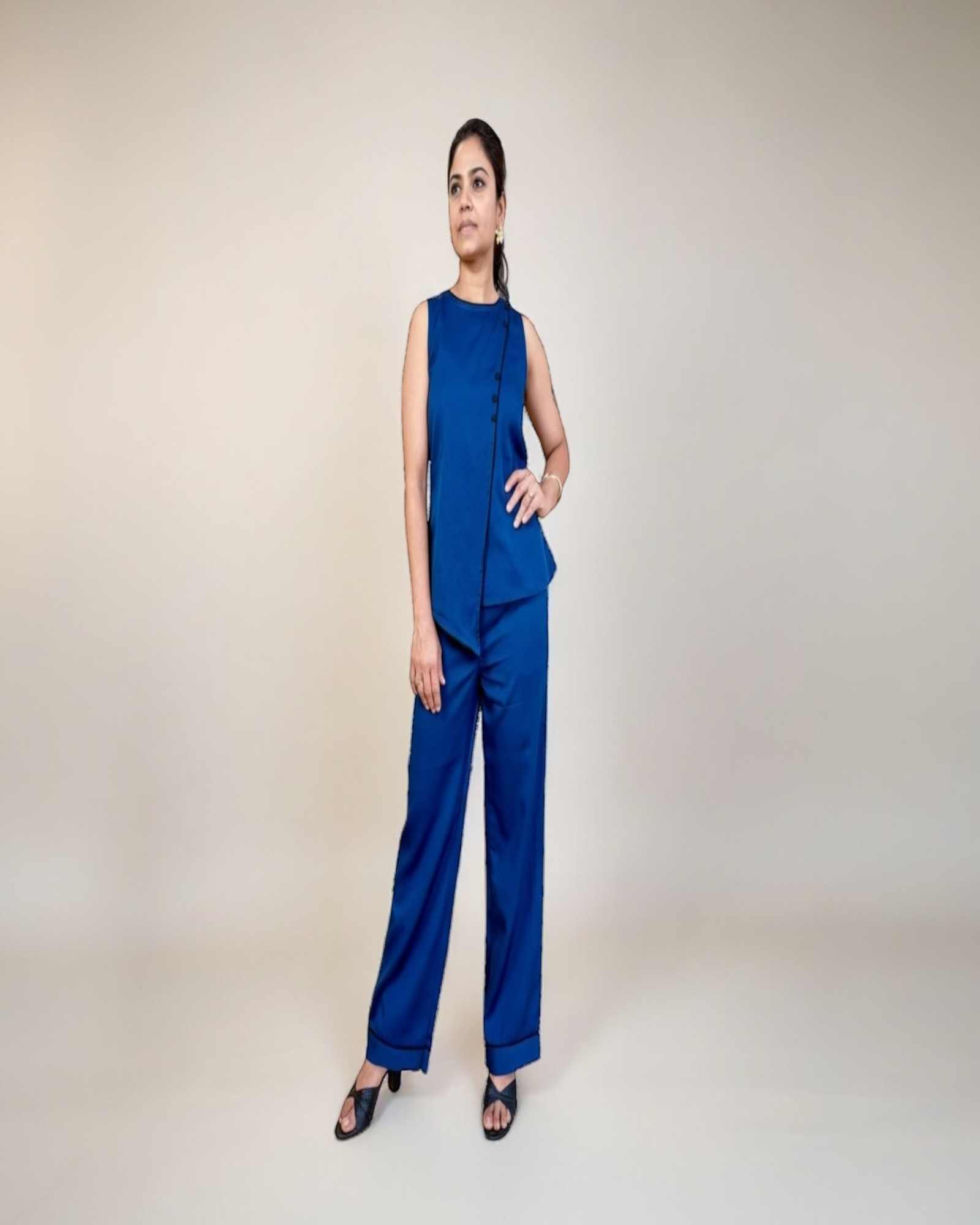Cobalt Blue Asymmetric Wrap Top & Wide-Leg Trouser Co-ord Set