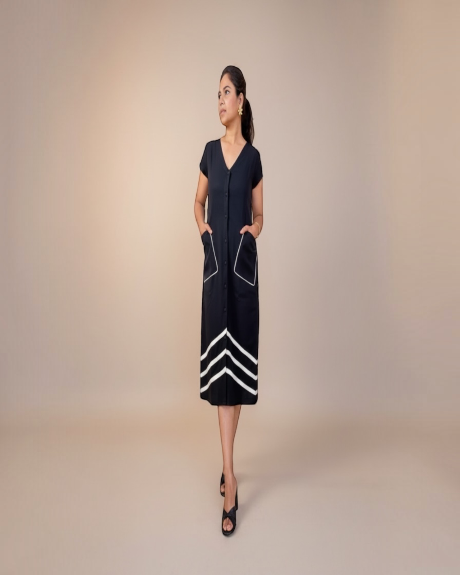 Navy Chevron Stripe Button-Down Midi Dress