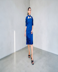 Royal Blue Cutout Collar Ruched Sleeve Button-Down Midi Dress