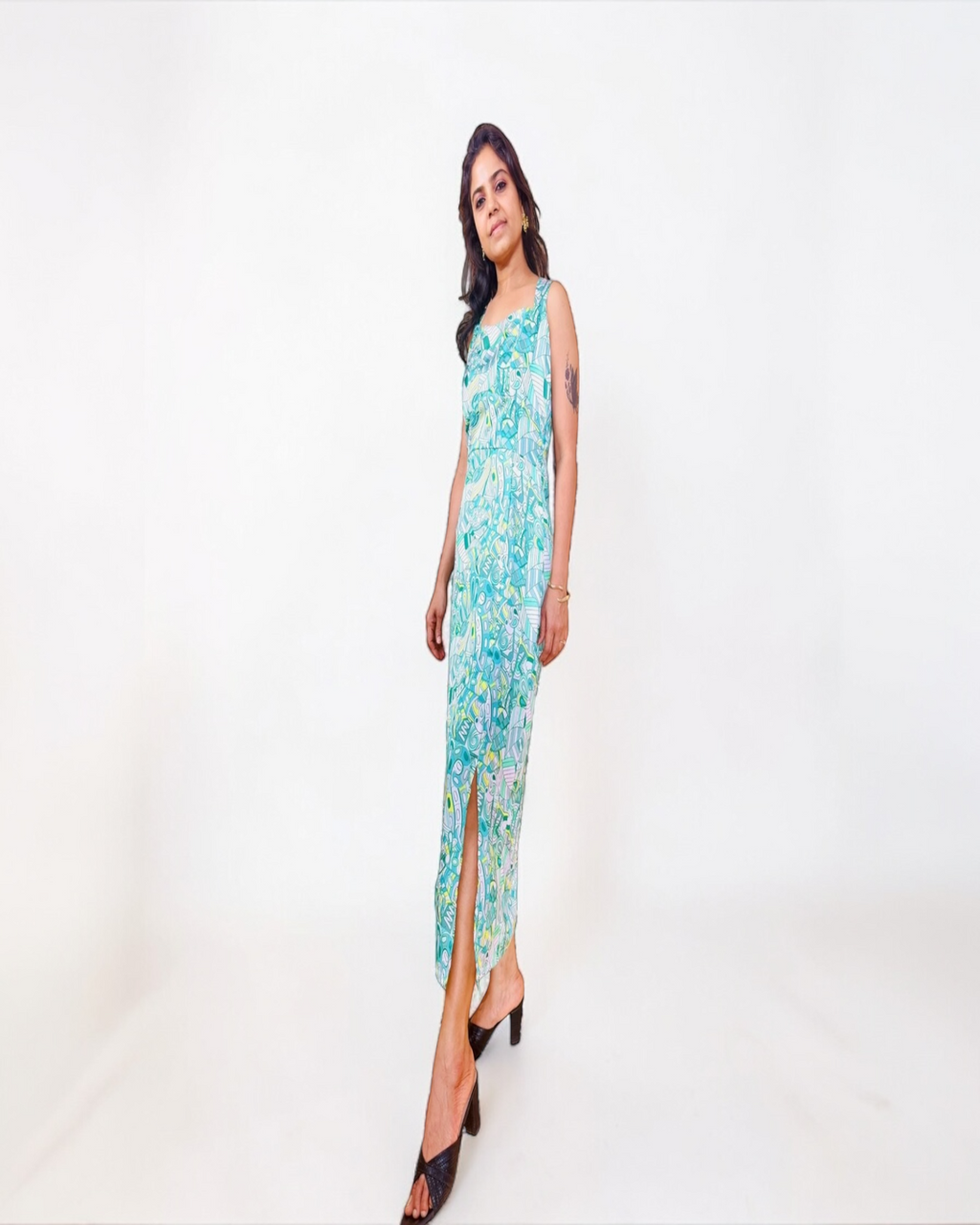 Mint Teal Abstract Doodle Print Front Slit Midi Dress