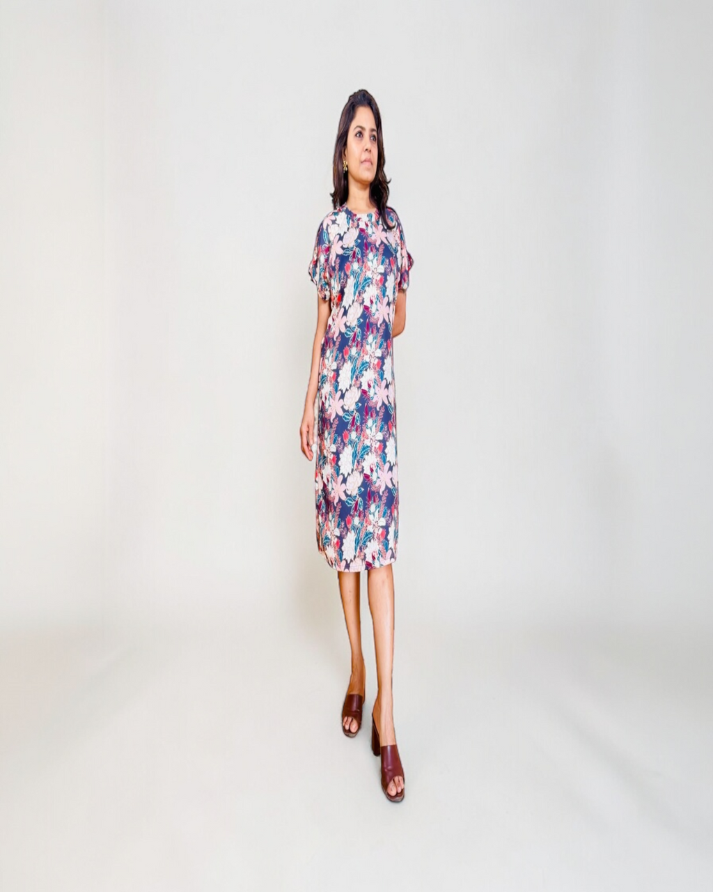 Navy & Blush Tropical Floral Flutter Sleeve Midi Dress