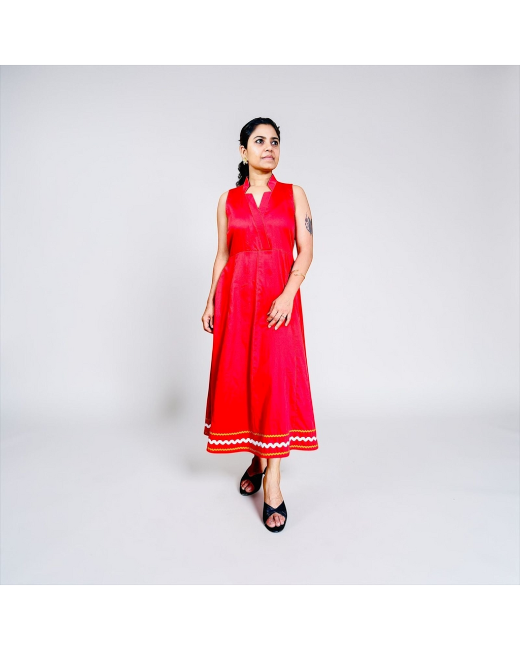Cherry Red Ric-Rac Trim Notch Collar Midi Dress