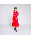 Cherry Red Ric-Rac Trim Notch Collar Midi Dress