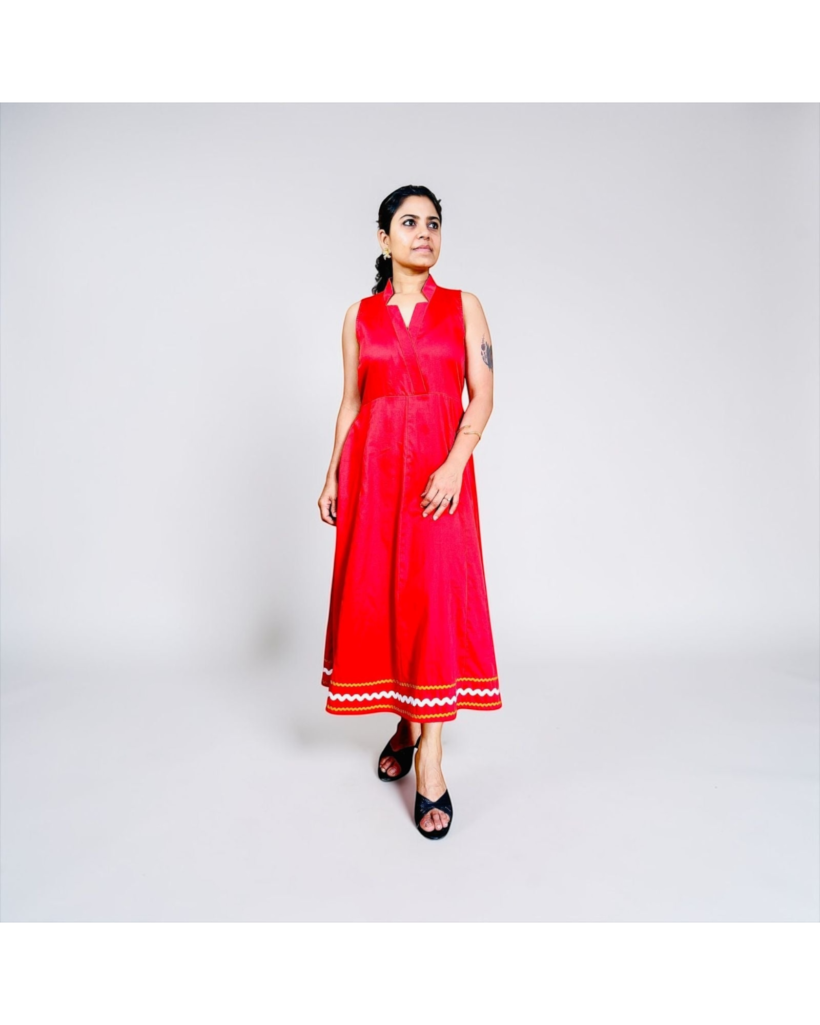 Cherry Red Ric-Rac Trim Notch Collar Midi Dress