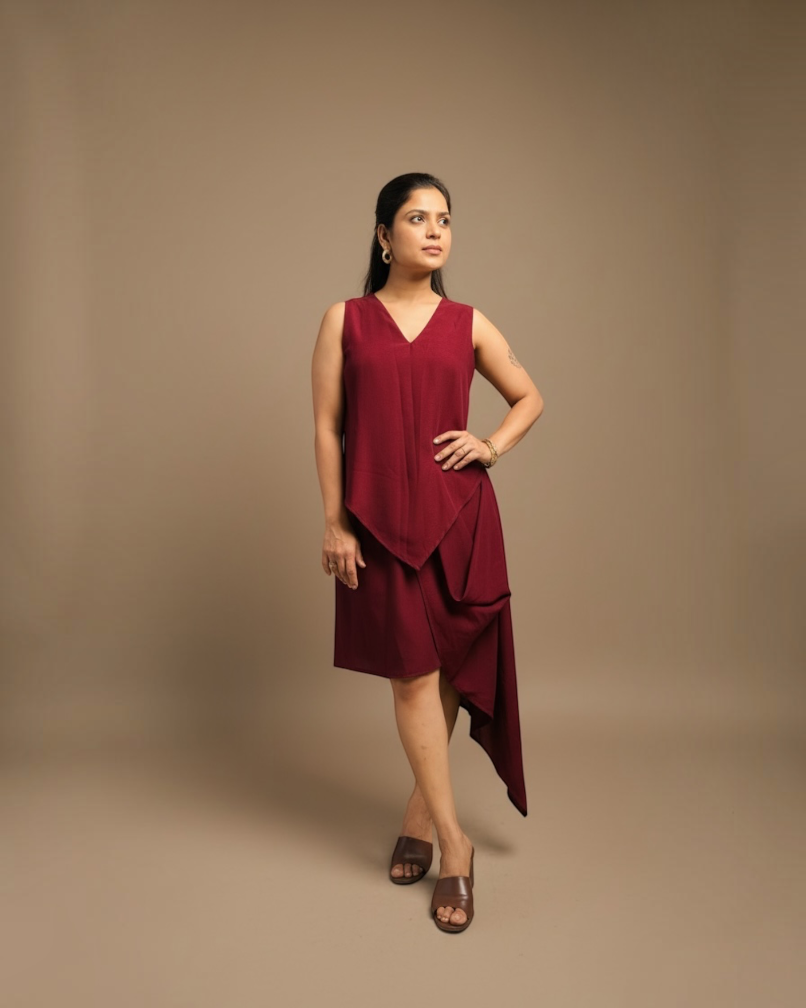 Magenta Draped Overlay Asymmetric Hem Dress