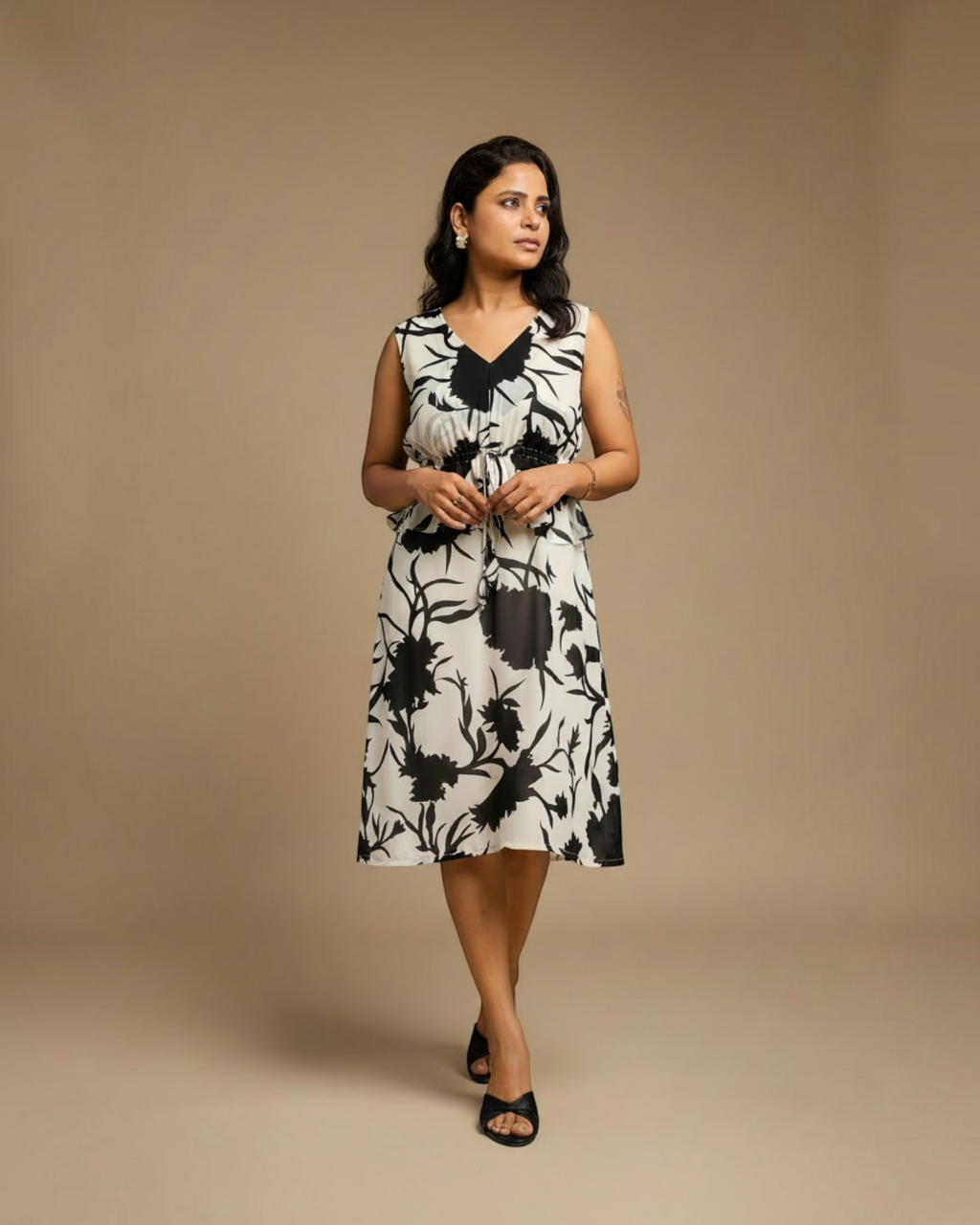 Cream & Black Bold Floral Peplum Midi Dress