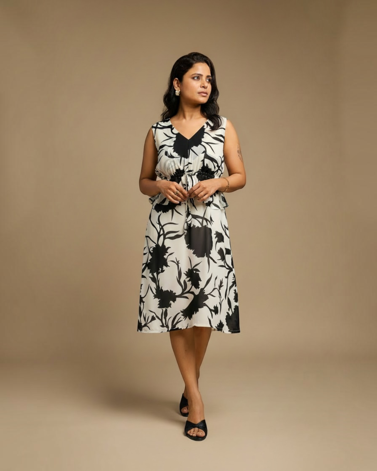 Cream & Black Bold Floral Peplum Midi Dress