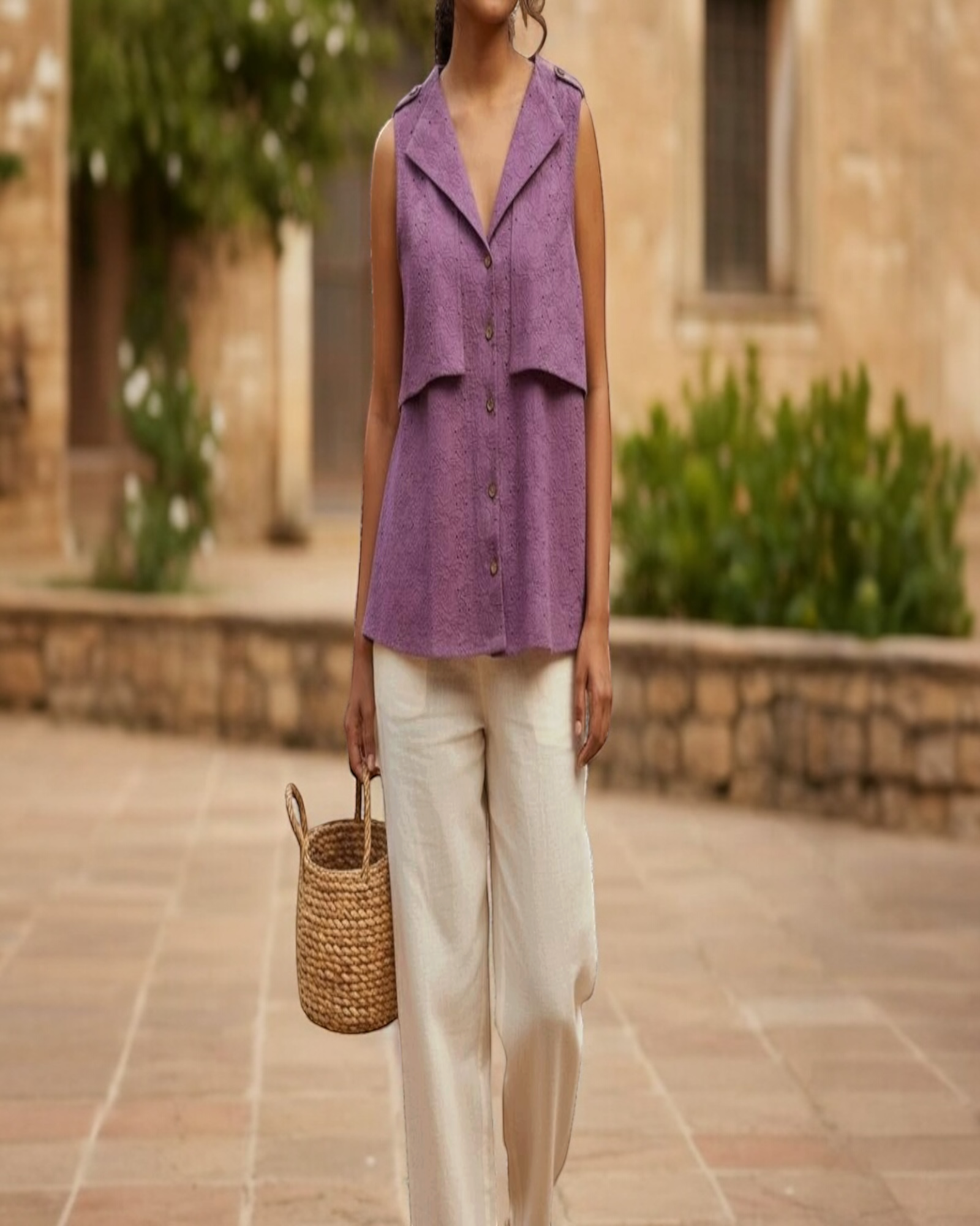 Mauve Schiffli Embroidered Sleeveless Top