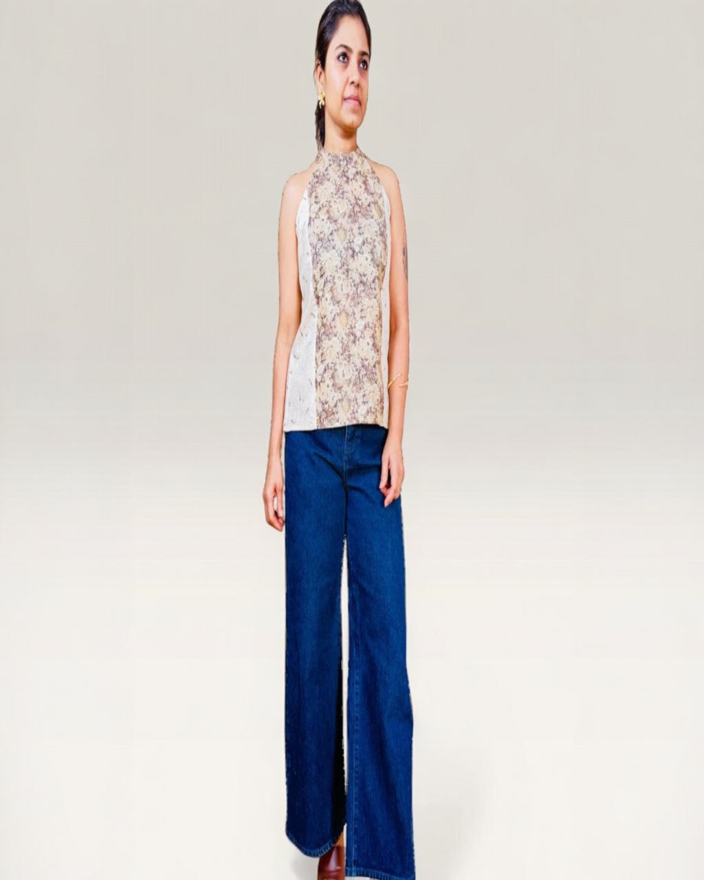 Floral Panel Mock Neck Halter Top