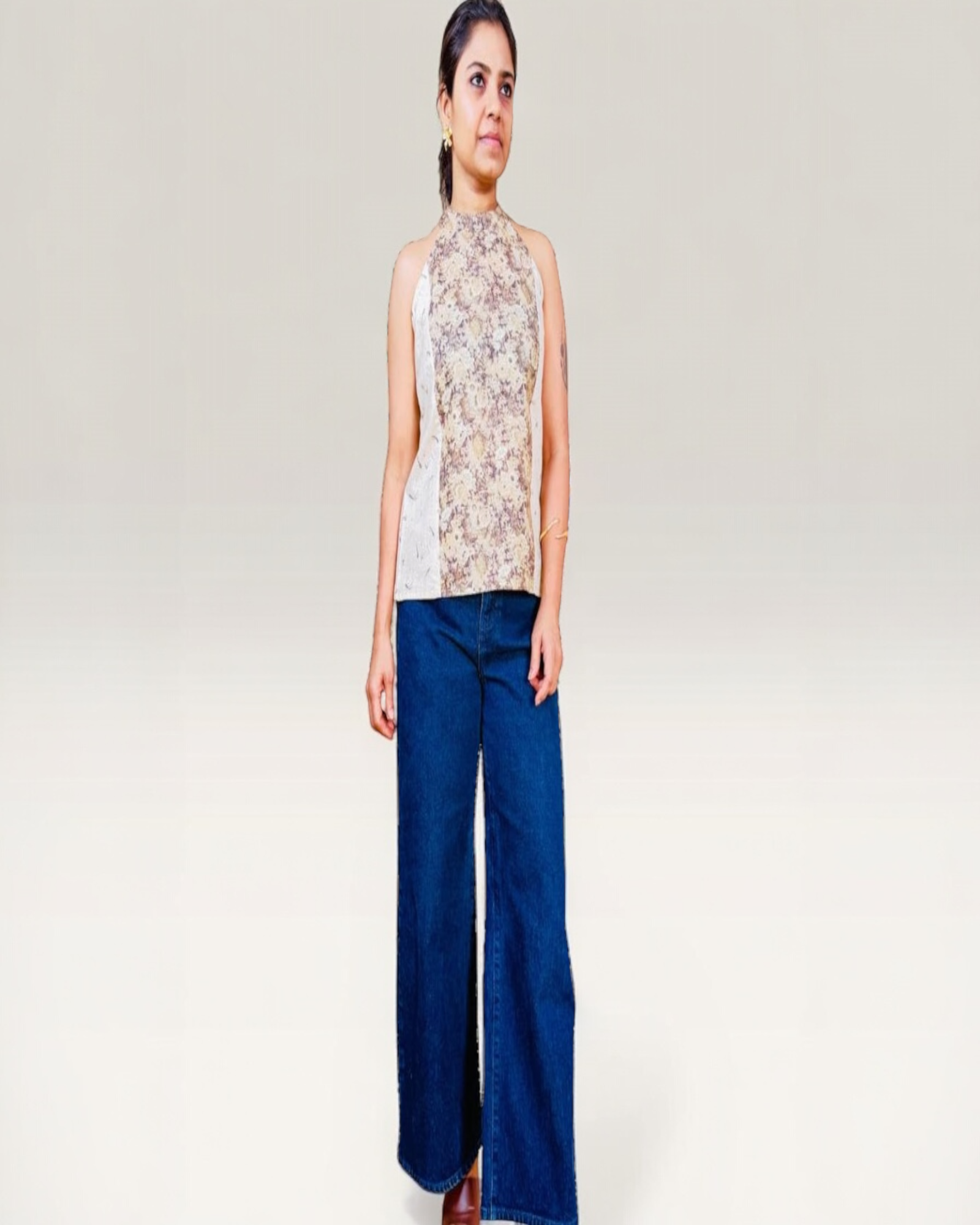 Floral Panel Mock Neck Halter Top