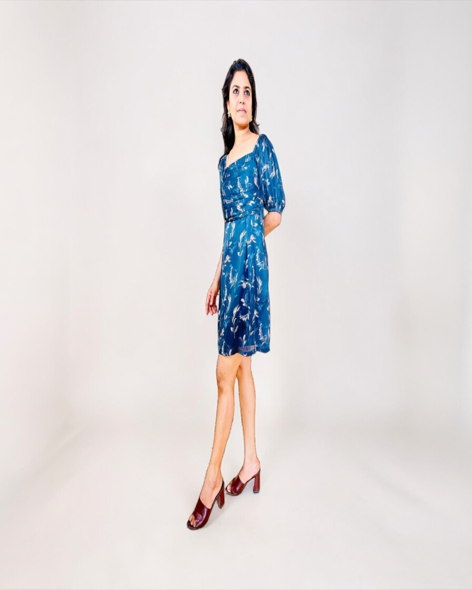 Teal Botanical Print Puff Sleeve Square Neck Mini Dress