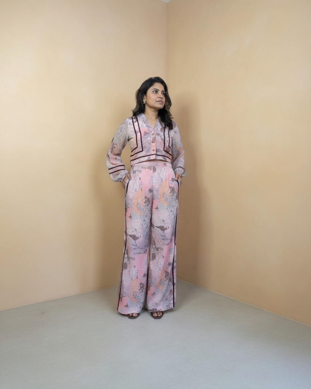 Blush Pink Floral Chiffon Balloon Sleeve Co-ord Set
