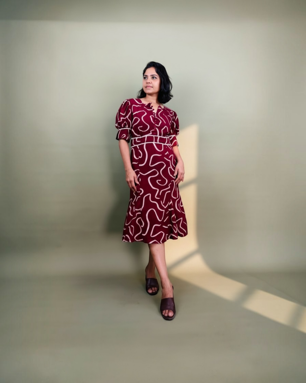 Printed Puff Sleeve Midi Dress