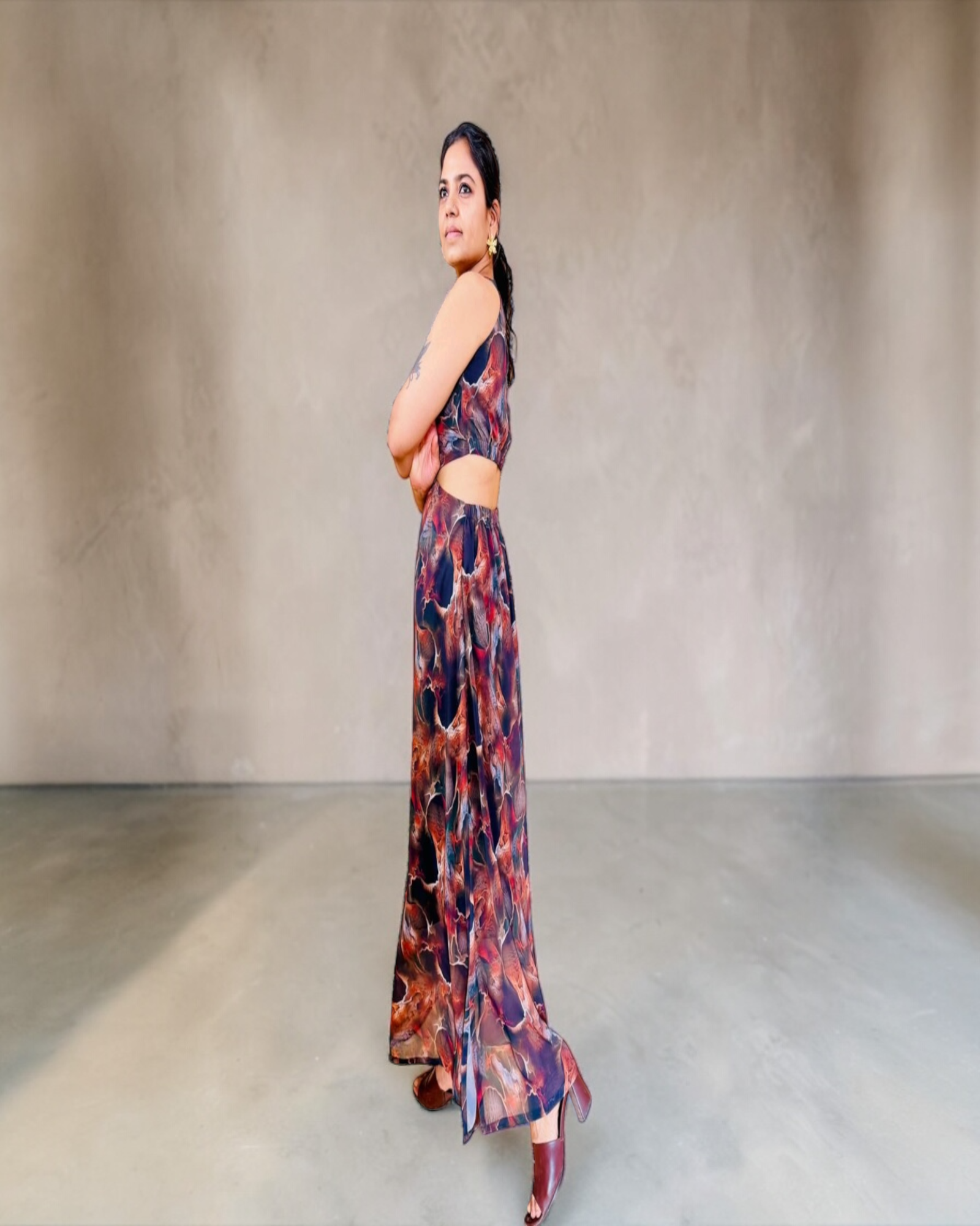Abstract Marble Print Cut-Out Maxi Dress
