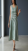 Curved Line Appliqué Satin Midi Dress in Sage Green