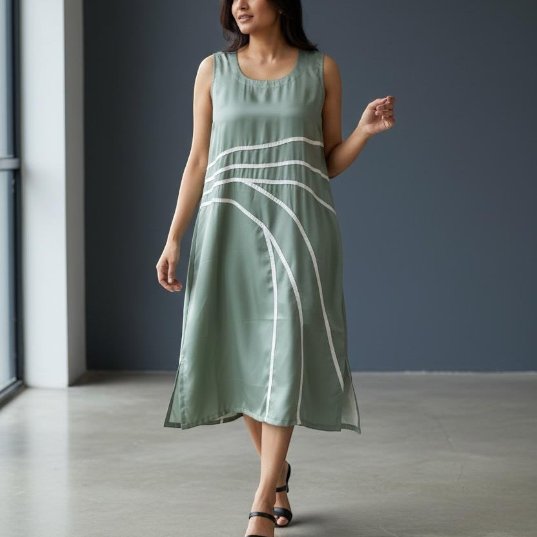 Curved Line Appliqué Satin Midi Dress in Sage Green