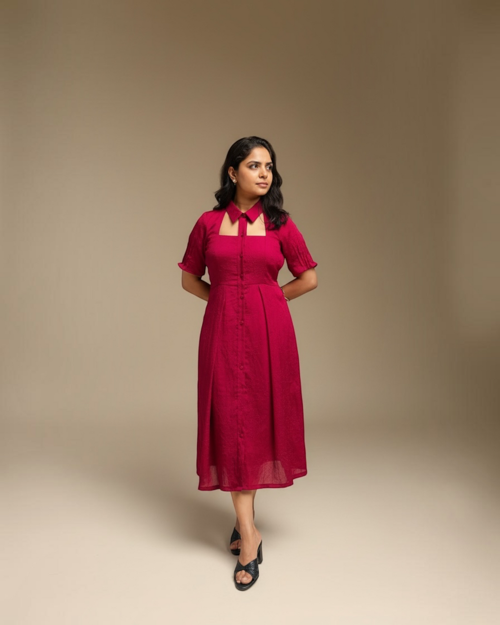 Jacquard Cut-Out Collar Midi Dress in Fuchsia
