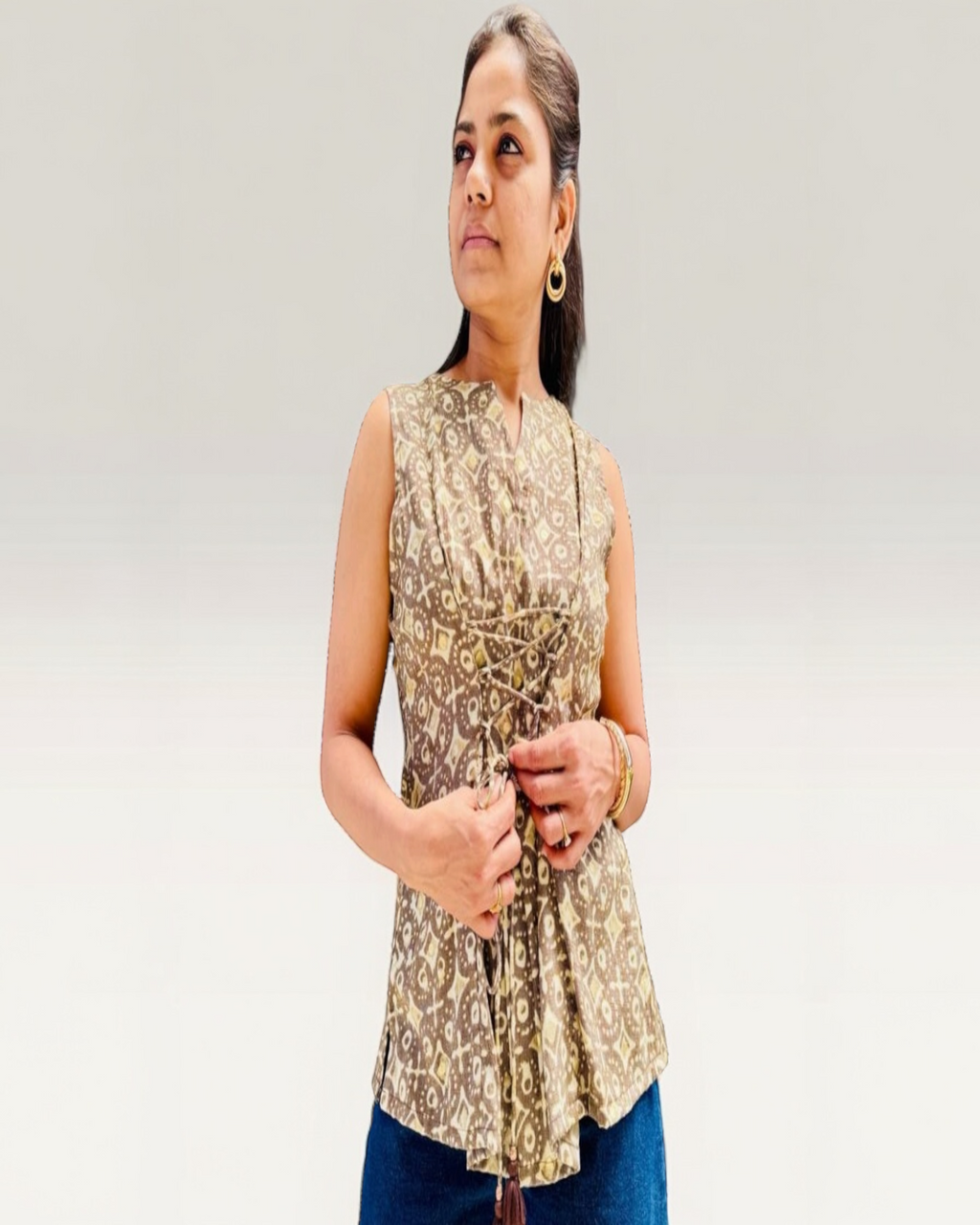 Gold Geometric Print Corset-Tie Peplum Top