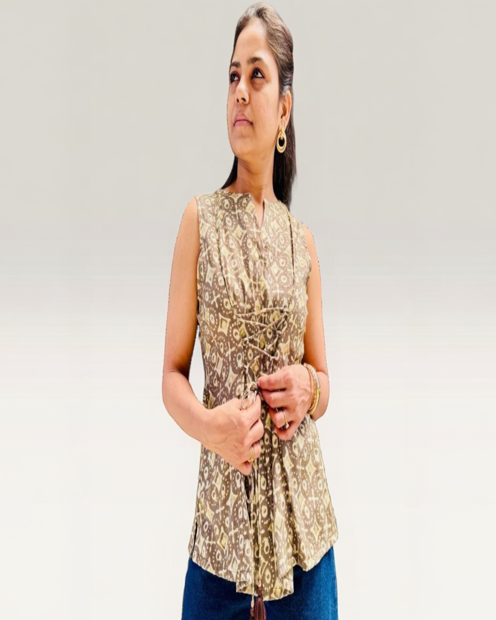 Gold Geometric Print Corset-Tie Peplum Top
